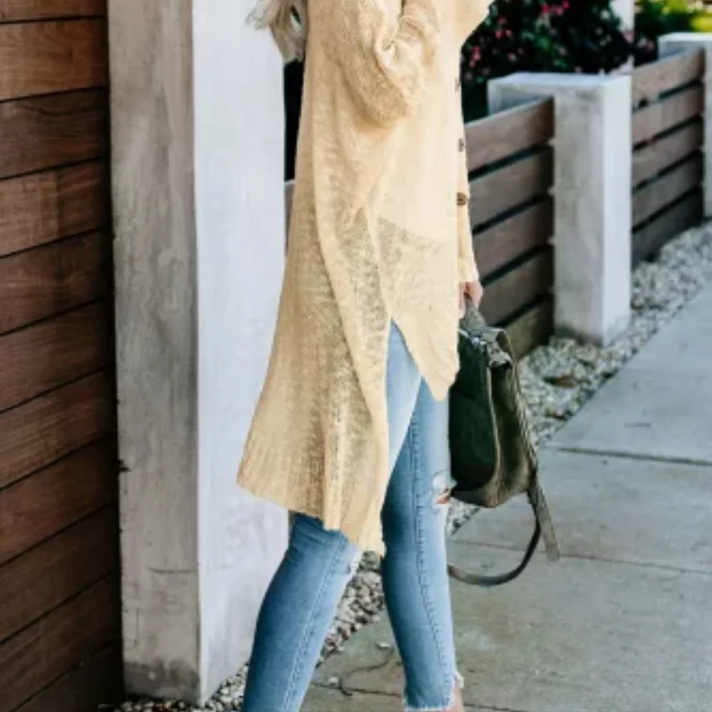 🍁New Apricot Loose Lightweight V Neck Buttoned Sheer Knit Cardigan - Picture 3 of 17